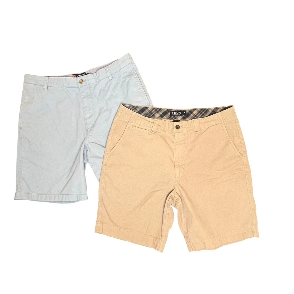 Chaps Chino Shorts Mens 36 Blue Khaki 2-Pack Bundle Cotton Twill Casual Classic